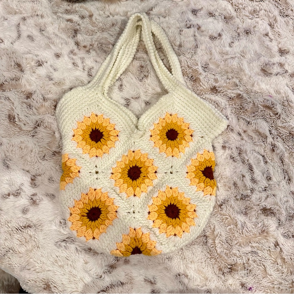 Granny Square Sunflower Knit Crochet Purse Handbag - Cream and Yellow